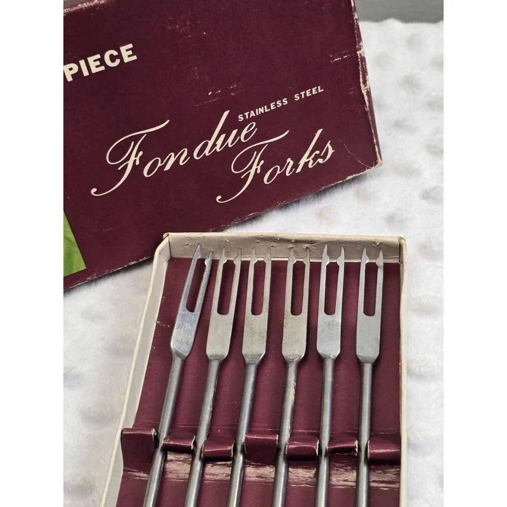 Vintage Fondue Forks 6 Piece Stainless Steel MCM Original Box Wood Grain Handles